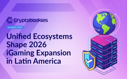 Server stack with glowing network lines, globe highlighting Latin America, and a shield with a checkmark overlayed.