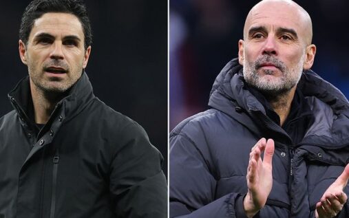 Mikel Arteta and Pep Guardiola shaking hands on the touchline during a Premier League match