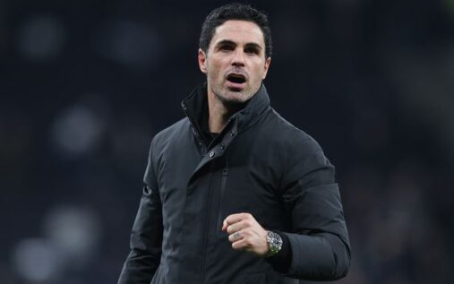 Arsenal manager Mikel Arteta gesturing to his players from the touchline during a Premier League match