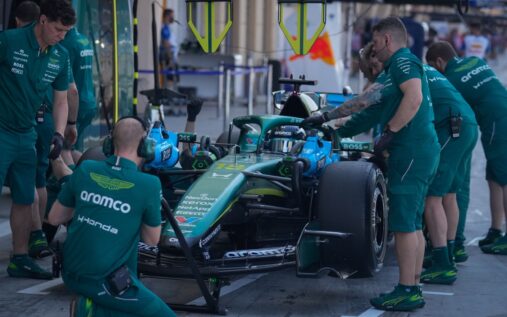 Fernando Alonso driving the Aston Martin F1 car on track during pre-season testing in Bahrain