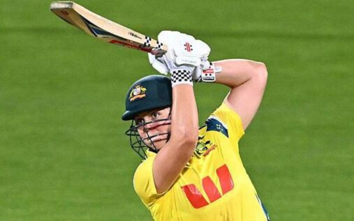 Georgia Voll celebrating her century for Australia Women against India in Hobart