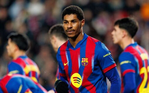 Marcus Rashford looking focused while playing for Barcelona during a match