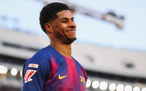 Marcus Rashford celebrating a goal for Barcelona during a La Liga match