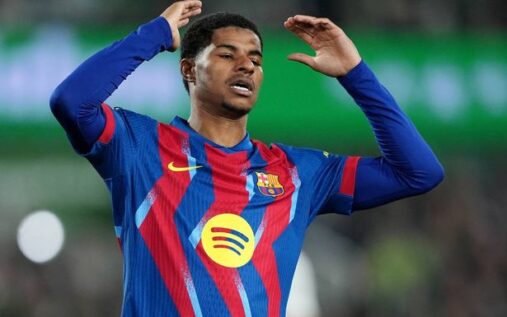 Marcus Rashford warming up for Barcelona before a La Liga match at the Nou Camp