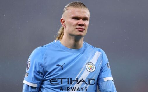 Erling Haaland applauding fans while playing for Manchester City