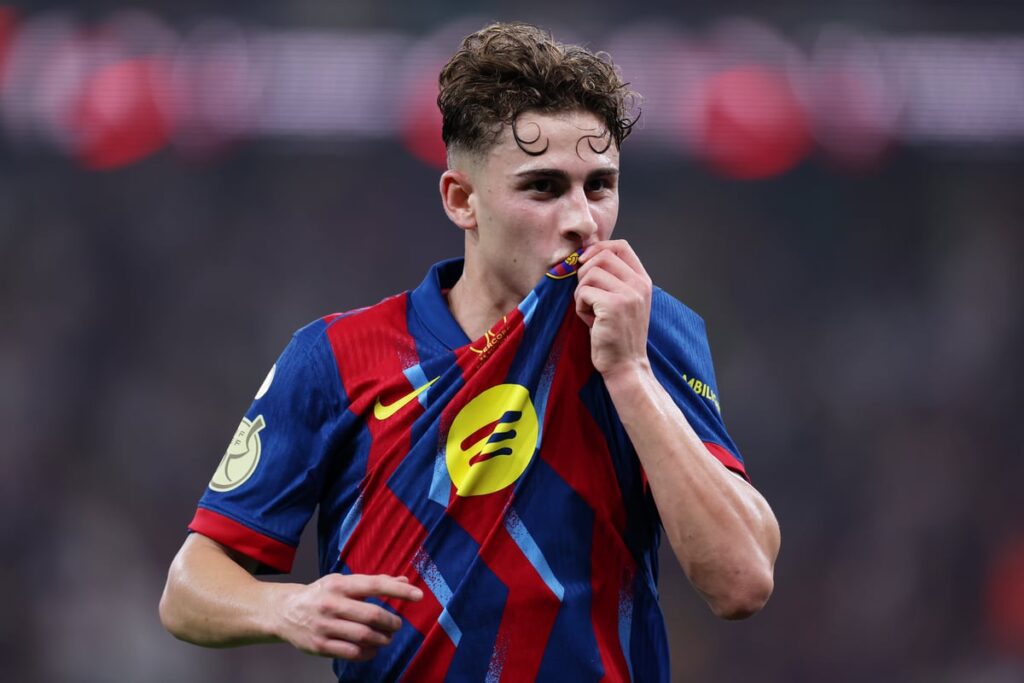 Barcelona midfielder Fermin Lopez celebrating a goal during a La Liga match