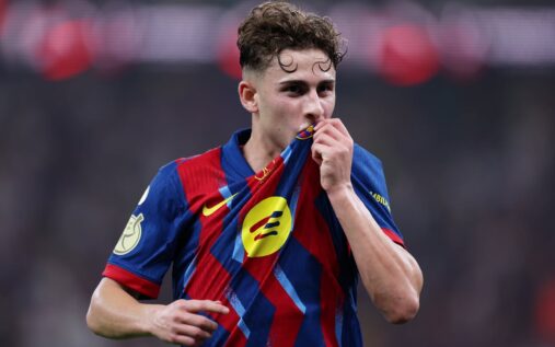 Barcelona midfielder Fermin Lopez celebrating a goal during a La Liga match