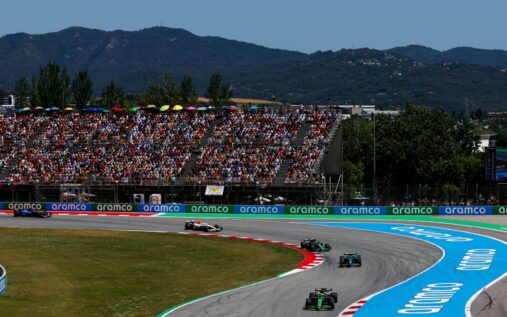 Formula 1 cars racing through the high-speed corners of the Circuit de Barcelona-Catalunya in Spain