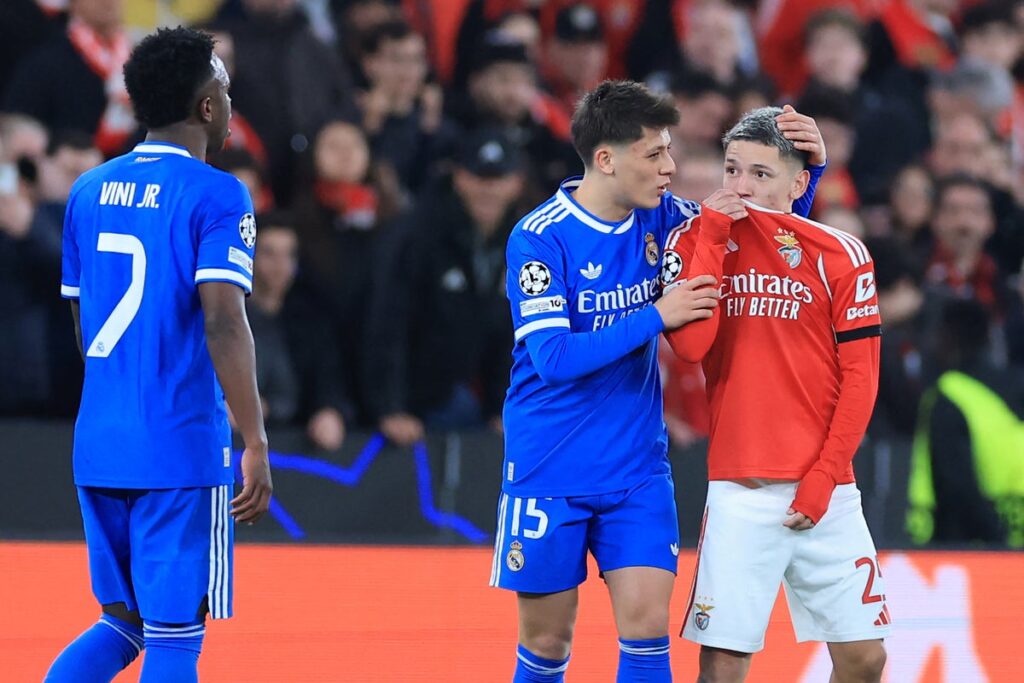 Benfica winger Gianluca Prestianni gesturing on the pitch during a Champions League match against Real Madrid