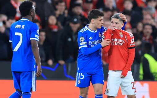 Benfica winger Gianluca Prestianni gesturing on the pitch during a Champions League match against Real Madrid