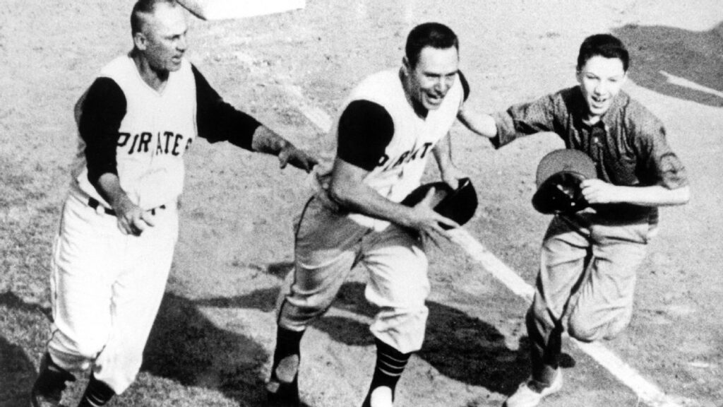Bill Mazeroski of the Pittsburgh Pirates celebrating his historic walk-off home run during the 1960 World Series