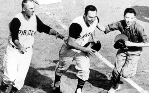 Bill Mazeroski of the Pittsburgh Pirates celebrating his historic walk-off home run during the 1960 World Series