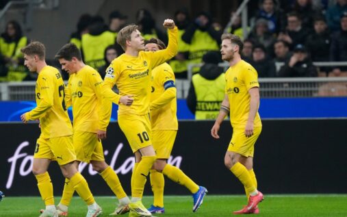Jens Petter Hauge celebrates scoring for Bodo/Glimt against Inter Milan at the San Siro