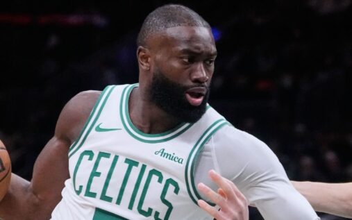 Jaylen Brown looking for a pass during a game for the Boston Celtics
