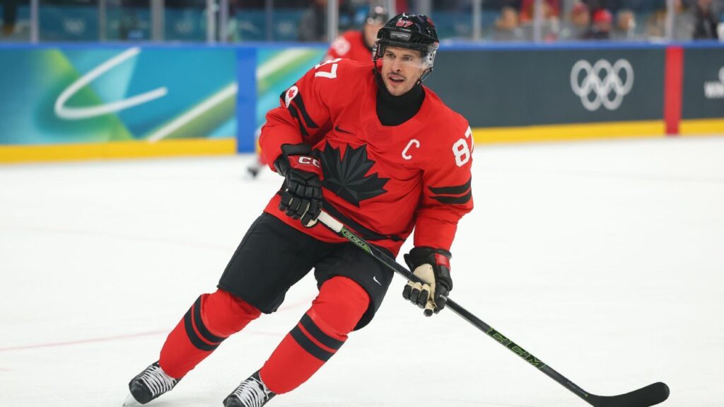 Sidney Crosby skating for Team Canada during the Olympic quarter-final match against Czechia