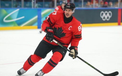 Sidney Crosby skating for Team Canada during the Olympic quarter-final match against Czechia