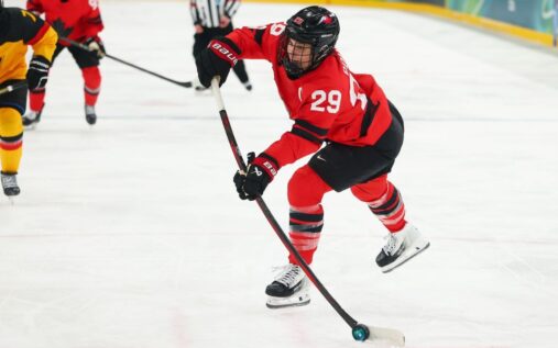 Marie-Philip Poulin celebrating a goal for Canada against Germany in the Olympic quarter-final