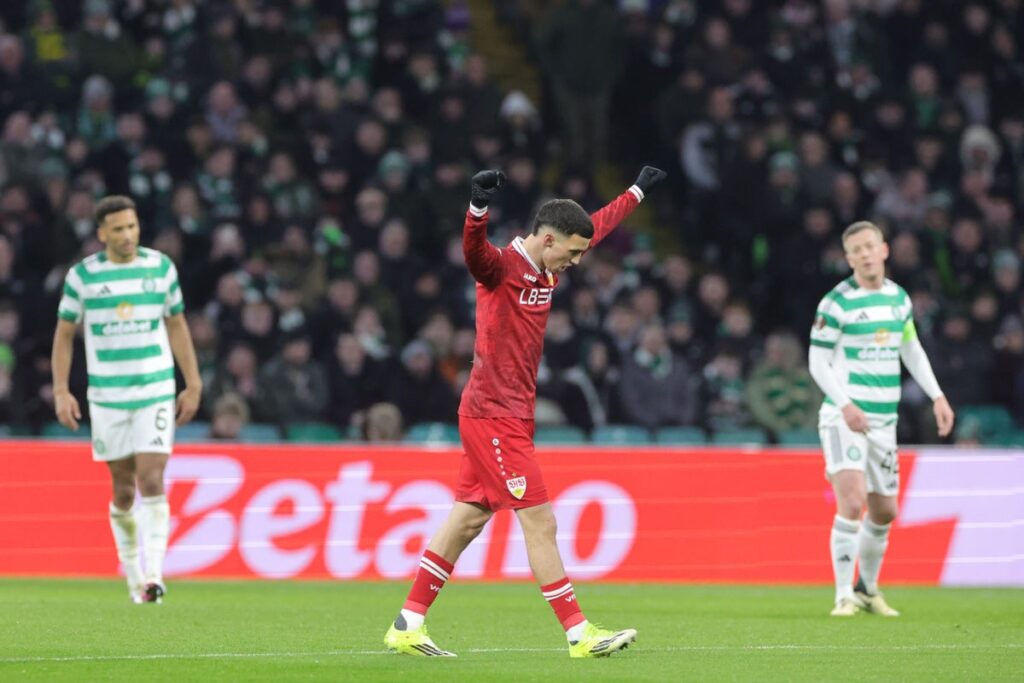 Kasper Schmeichel reacts with frustration during Celtic's match against Stuttgart