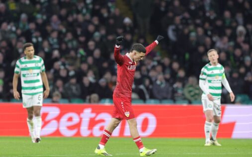 Kasper Schmeichel reacts with frustration during Celtic's match against Stuttgart