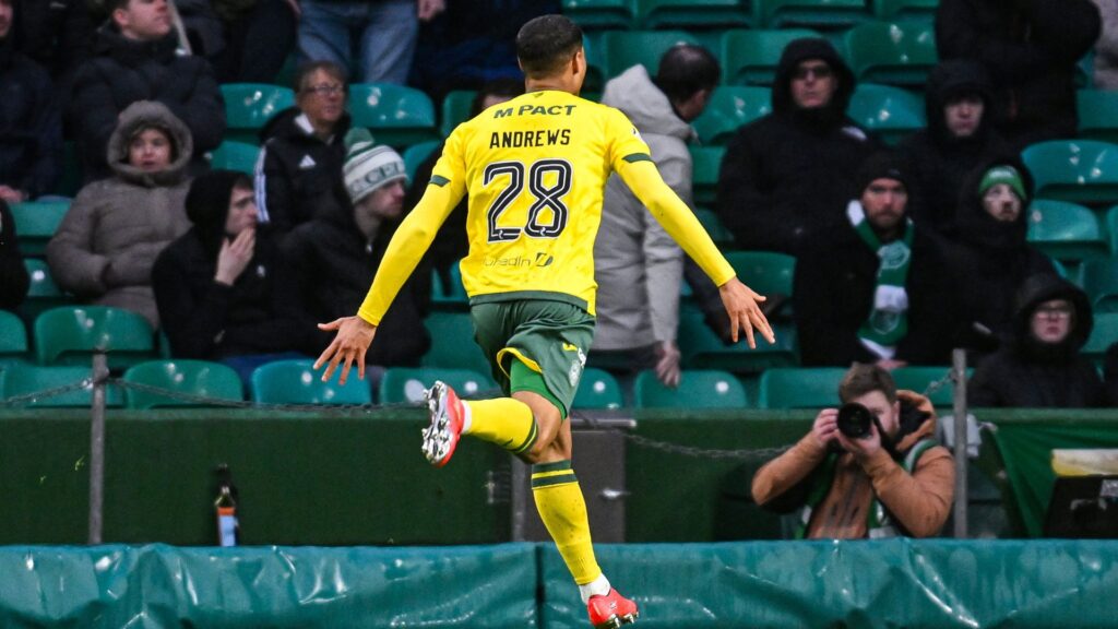 Kai Andrews celebrates scoring the winning goal for Hibernian against Celtic at Parkhead