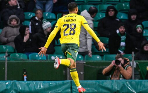 Kai Andrews celebrates scoring the winning goal for Hibernian against Celtic at Parkhead
