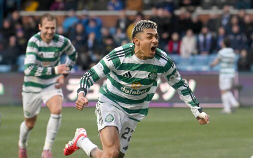 Julian Araujo celebrates his stoppage-time winner for Celtic against Kilmarnock