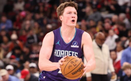 Charlotte Hornets rookie Kon Knueppel shooting a basketball during an NBA game against the Chicago Bulls
