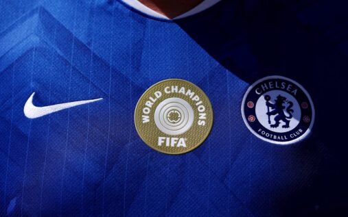 Close up of the Chelsea club crest on a blue home shirt