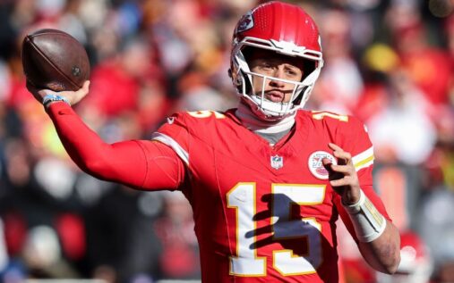 Patrick Mahomes looking downfield to pass during a Kansas City Chiefs game