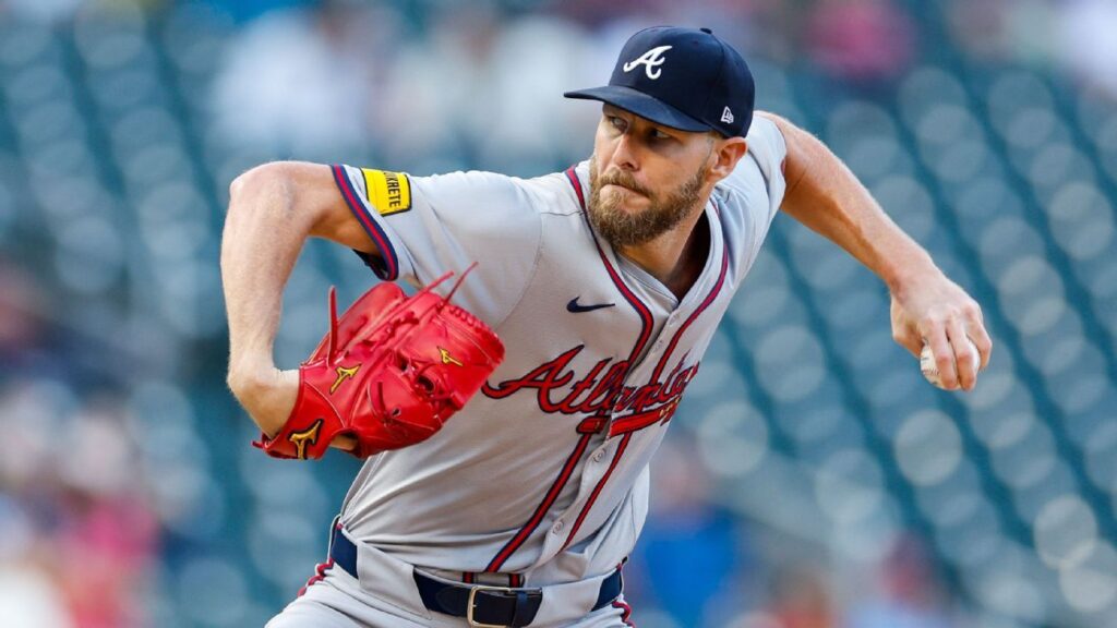 Atlanta Braves pitcher Chris Sale preparing to throw a pitch during a Major League Baseball game
