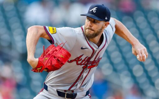 Atlanta Braves pitcher Chris Sale preparing to throw a pitch during a Major League Baseball game