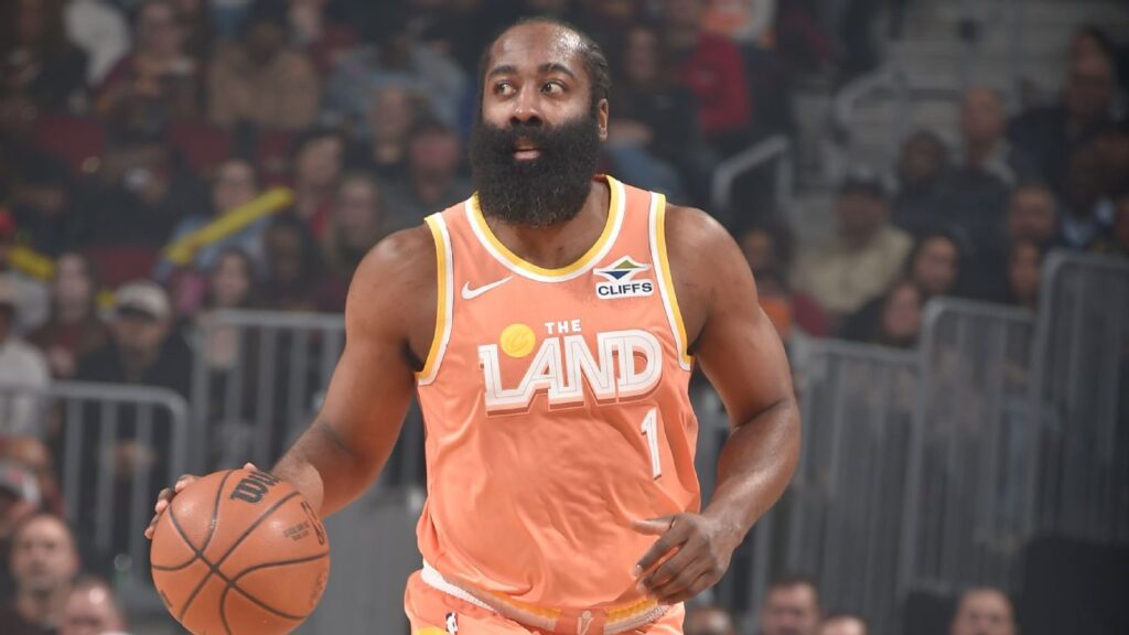 Cleveland Cavaliers guard James Harden dribbling the ball during an NBA game