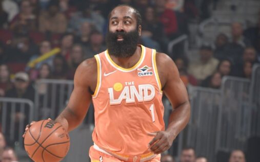 Cleveland Cavaliers guard James Harden dribbling the ball during an NBA game