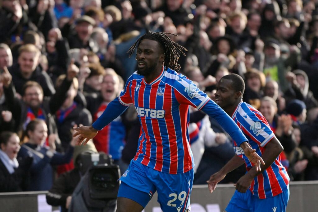 Evann Guessand celebrating his late winning goal for Crystal Palace against Wolves