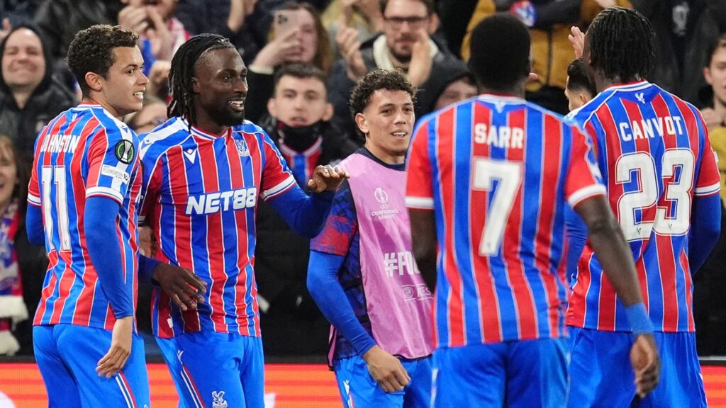 Crystal Palace players celebrating a goal against Zrinjski Mostar at Selhurst Park