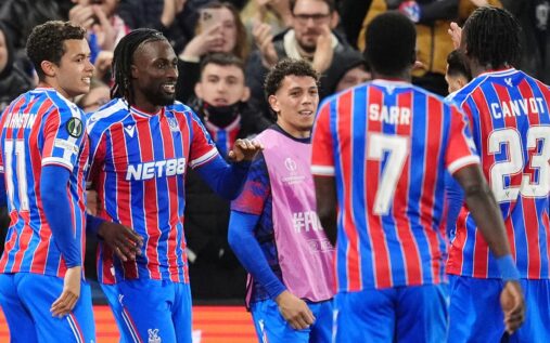 Crystal Palace players celebrating a goal against Zrinjski Mostar at Selhurst Park