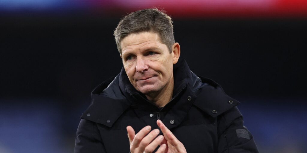 Oliver Glasner looking dejected on the touchline during a Crystal Palace match