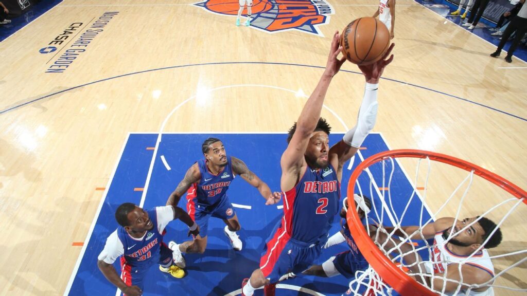 Cade Cunningham dribbling the ball for the Detroit Pistons against the New York Knicks defence at Madison Square Garden