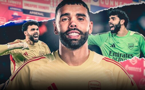 David Raya shouting instructions to his Arsenal defenders during a Premier League match