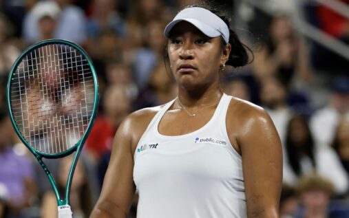Destanee Aiava playing a forehand shot on a hard court during a professional tennis match