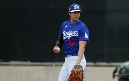Shohei Ohtani pitching in a Dodgers uniform during a spring training bullpen session