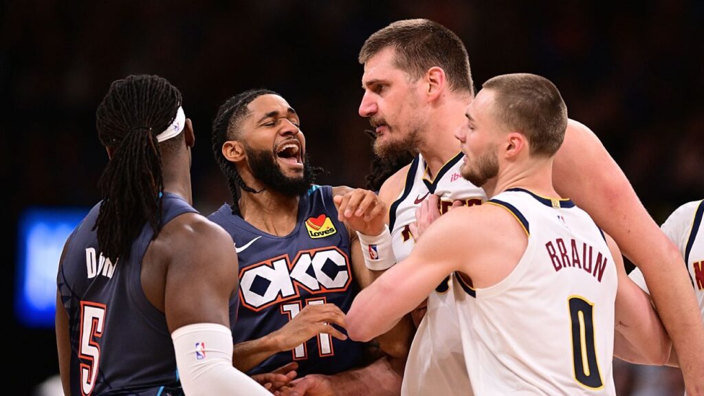 Nikola Jokic of the Denver Nuggets gesturing in frustration during an NBA game against the Oklahoma City Thunder