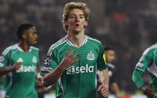 Anthony Gordon celebrating a goal for Newcastle United in the Champions League