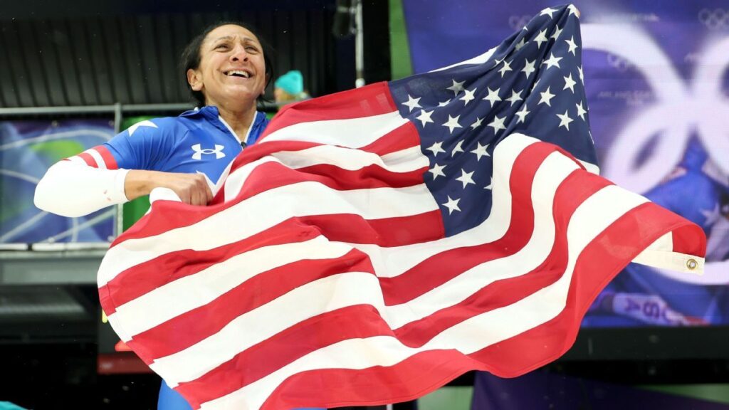 Elana Meyers Taylor celebrating her gold medal win in the monobob at the Winter Olympics