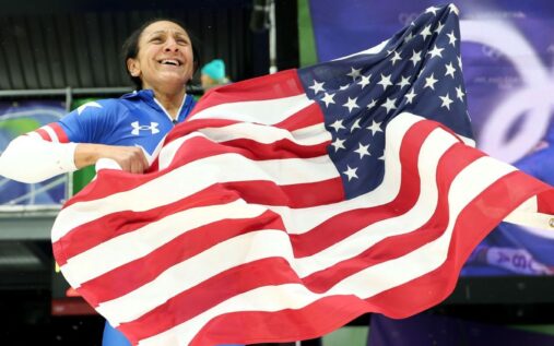 Elana Meyers Taylor celebrating her gold medal win in the monobob at the Winter Olympics