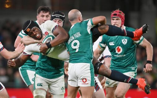 England rugby players taking part in a contact training session ahead of the Six Nations match against Ireland