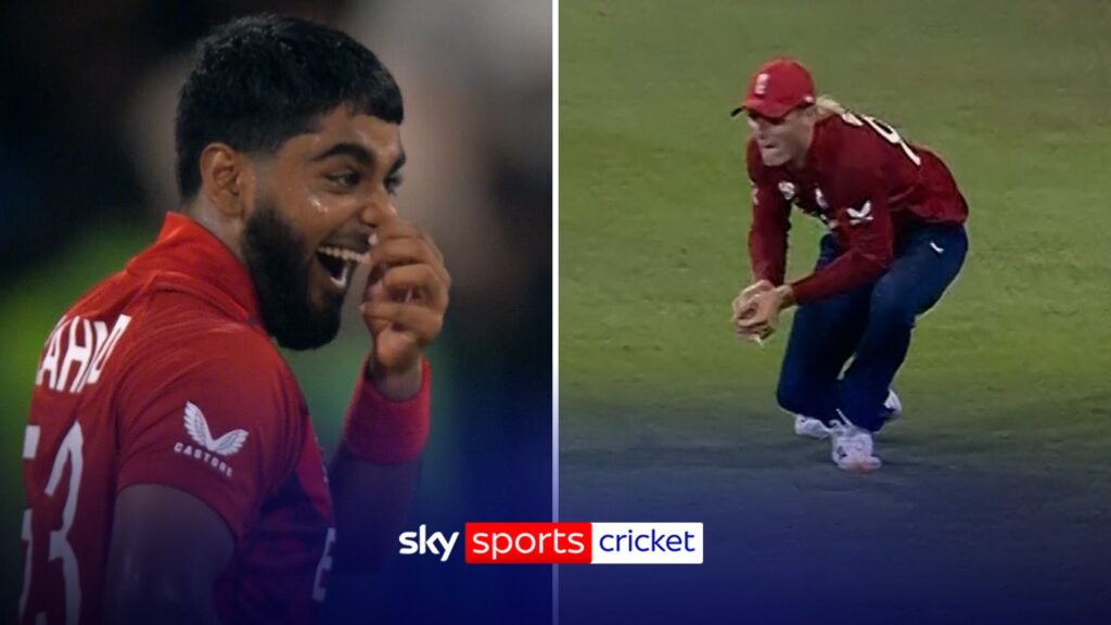 England spinner Rehan Ahmed celebrating a wicket during a T20 match