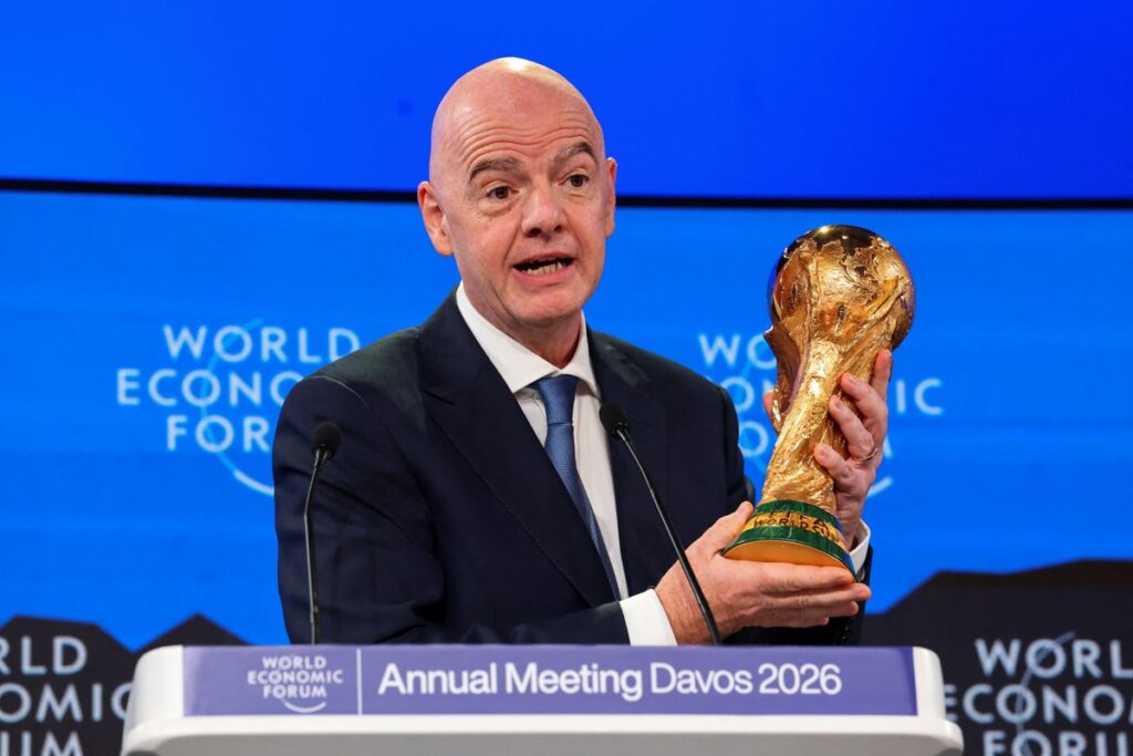 The Fifa World Cup trophy displayed on a pedestal ahead of the 2026 tournament in North America