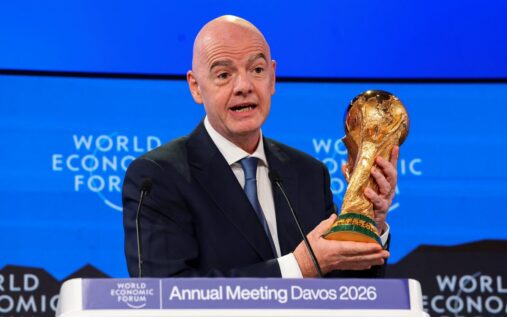 The Fifa World Cup trophy displayed on a pedestal ahead of the 2026 tournament in North America
