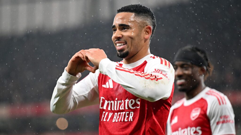 Gabriel Martinelli and Gabriel Jesus celebrating an Arsenal goal against Wigan Athletic at the Emirates Stadium